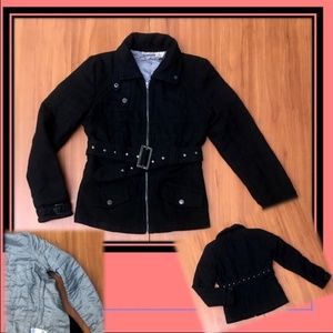 🧥DKNY Jeans BLACK 58% Wool Norfolk Belt Jacket XS